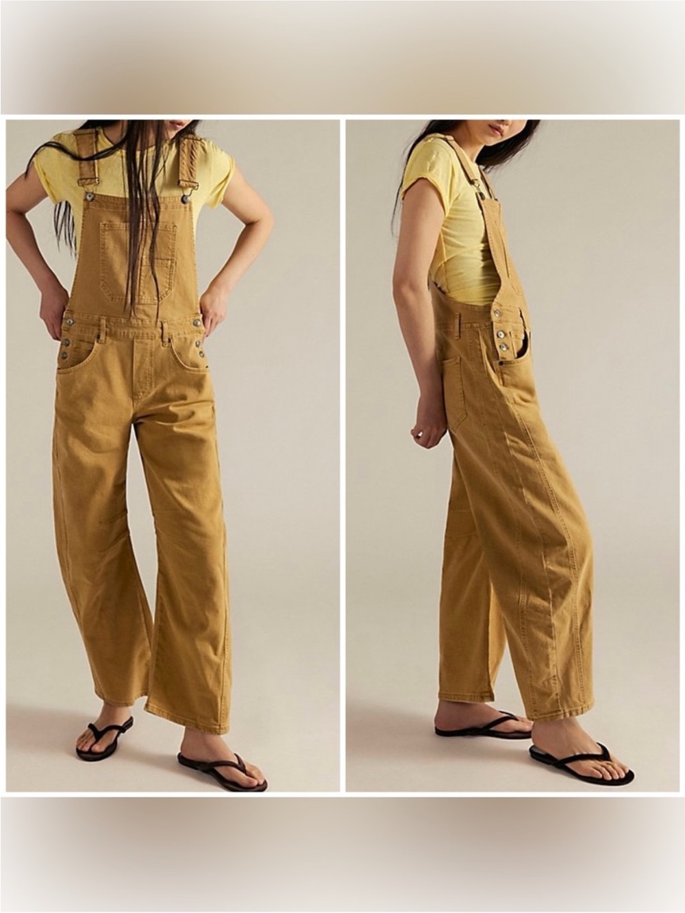 NWOT Free People We The Free Good Luck Barrel Overalls - honey tan - SMALL